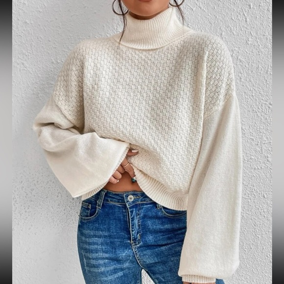 Comfy Turtleneck Twist Cut Out Criss Cross Back Bishop Sleeve Sweater Top - Picture 4 of 7